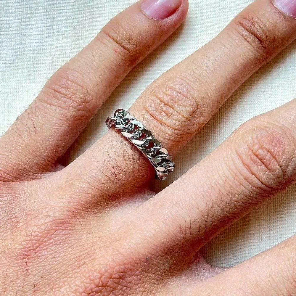 silver stainless steel cuban link ring